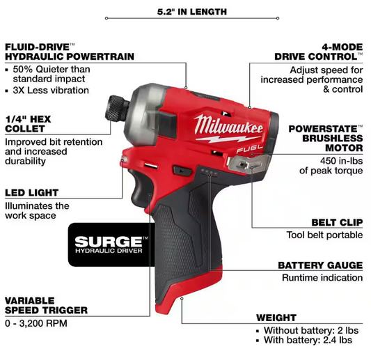 Milwaukee 2551-20 M12 FUEL SURGE 1/4 in. Hex Hydraulic Impact Driver – Tool Only – New Open Box