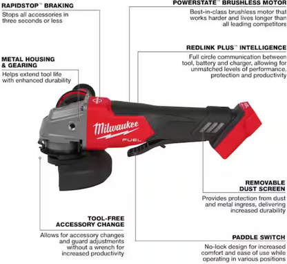 Milwaukee 2880-20 M18 FUEL 4-1/2 in. / 5 in. Brushless Angle Grinder with Paddle Switch – Tool Only – Factory Sealed