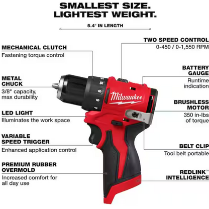 Milwaukee 3401-20 M12 Brushless Subcompact 3/8 in. Drill Driver – Tool Only – New Open Box